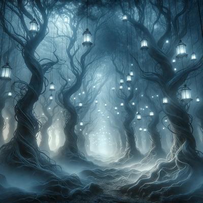 The primary subject of the image is a forest with a pathway leading through it. The setting is a dark, misty forest with a blueish hue, creating a mysterious and enchanting atmosphere. The visual style is a digital art or illustration, showcasing the intricate details of the trees and the pathway. The colors and mood are predominantly dark and moody, with the blueish hue adding a touch of mystique to the scene.